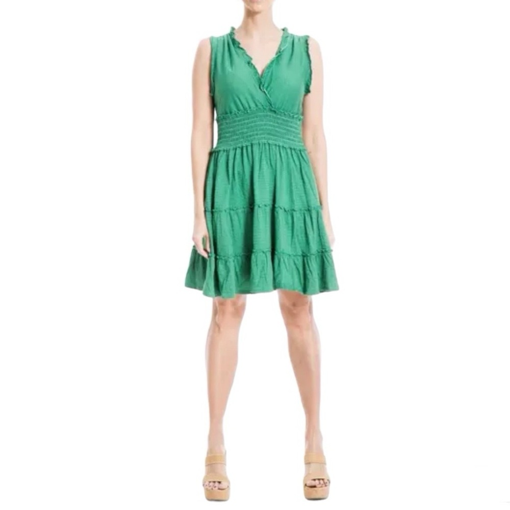 Max Studio Sleeveless Short Smocked Dress Cotton Blend Green White Large